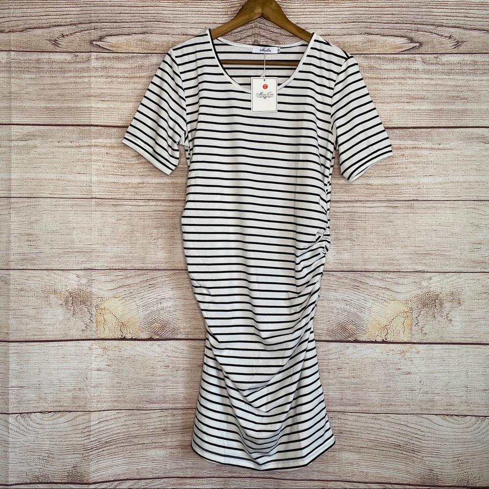 Maternity Dress. Black & white striped. Sz L. NWT